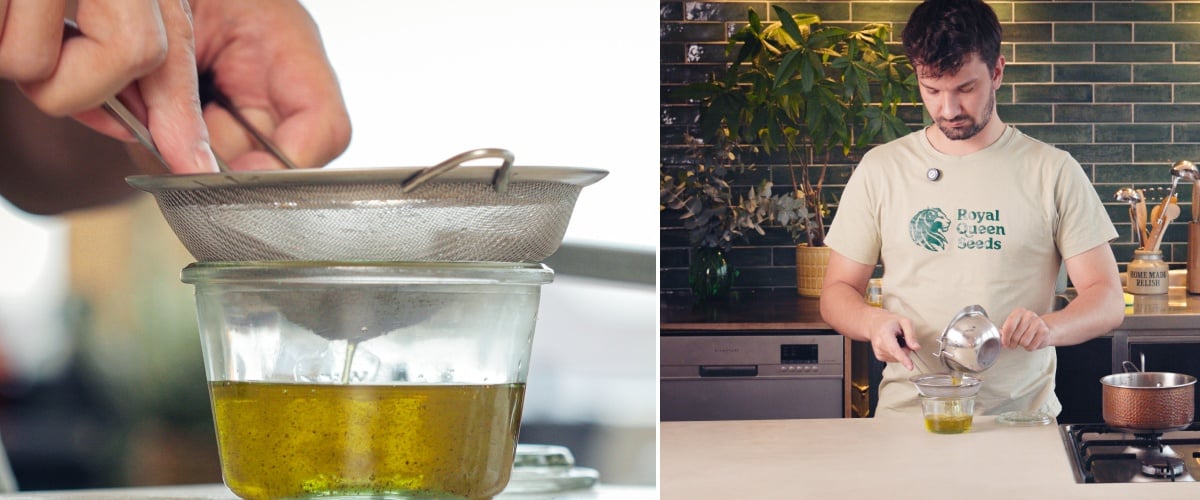 Étape 3 : Filtrer l’Huile MCT Infusée au Cannabis Filtrage de l’huile MCT infusée au cannabis à travers une passoire fine dans un bocal en verre, dernière étape du processus d’infusion