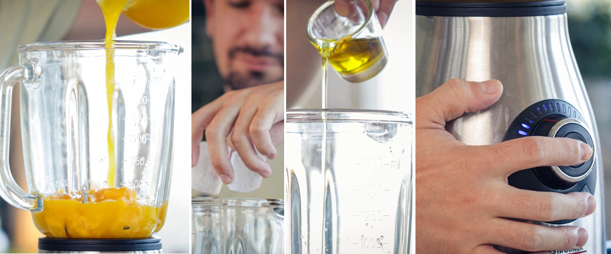 Ajout de mangue coupée, de menthe, de glaçons, d’huile MCT au cannabis et de lécithine dans le bol du mixeur avant de mixer.