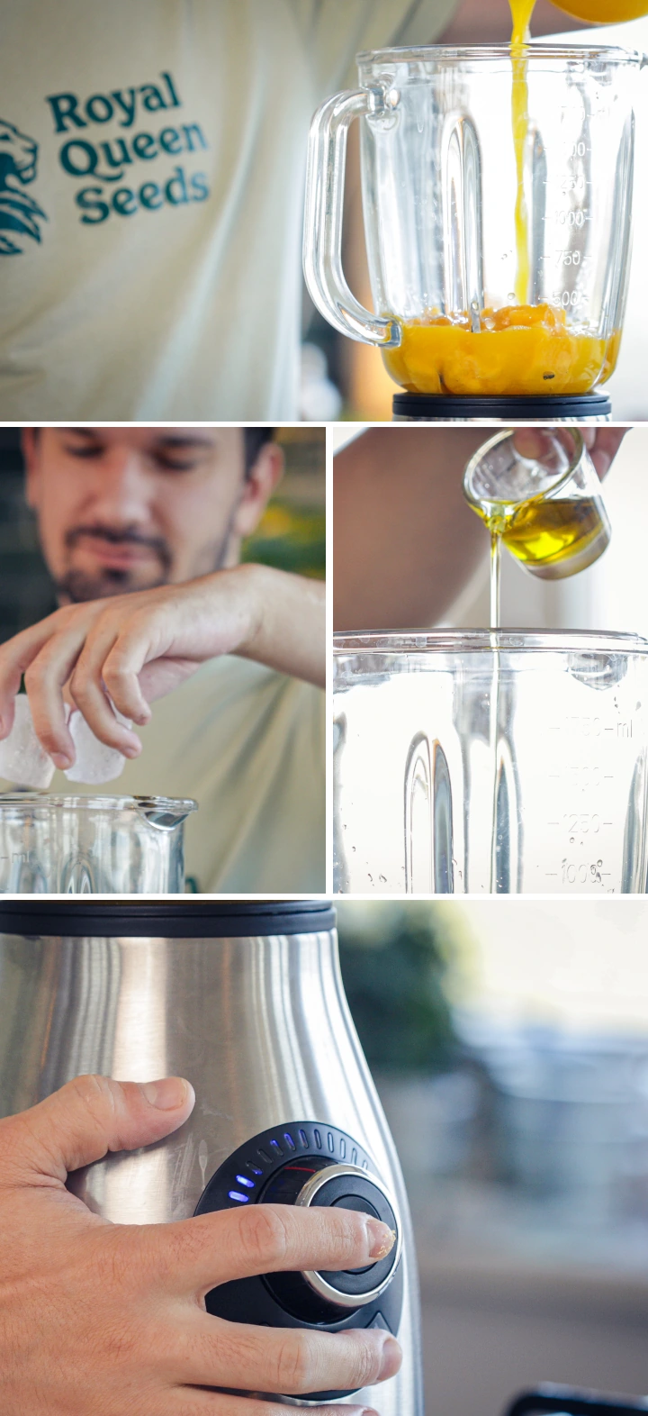 Étape 3 : Ajouter la mangue, la menthe, l’huile MCT au cannabis et la lécithine dans le mixeur Ajout de mangue coupée, de menthe, de glaçons, d’huile MCT au cannabis et de lécithine dans le bol du mixeur avant de mixer.