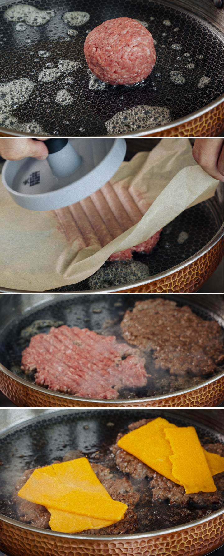 Cuisson d’un steak haché dans une poêle, fonte du cheddar et assemblage du burger avec laitue et tomate, troisième étape pour préparer un burger au cannabis