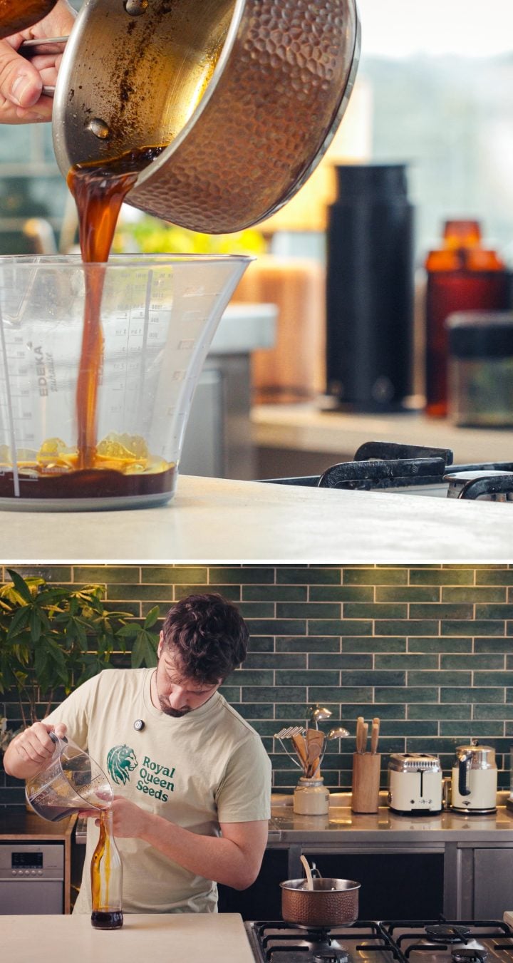 Étape 3 : Filtrer et Mettre en Bouteille l’Huile au Piment Infusée au Cannabis Filtrer l’huile au piment infusée au cannabis à travers une passoire et la verser dans une bouteille en verre pour le stockage