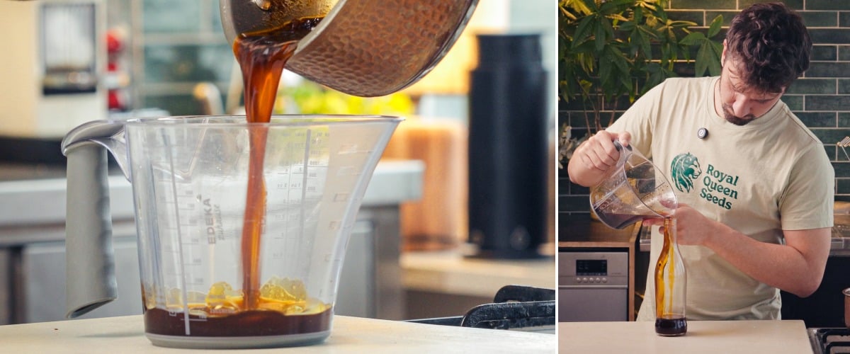 Étape 3 : Filtrer et Mettre en Bouteille l’Huile au Piment Infusée au Cannabis Filtrer l’huile au piment infusée au cannabis à travers une passoire et la verser dans une bouteille en verre pour le stockage