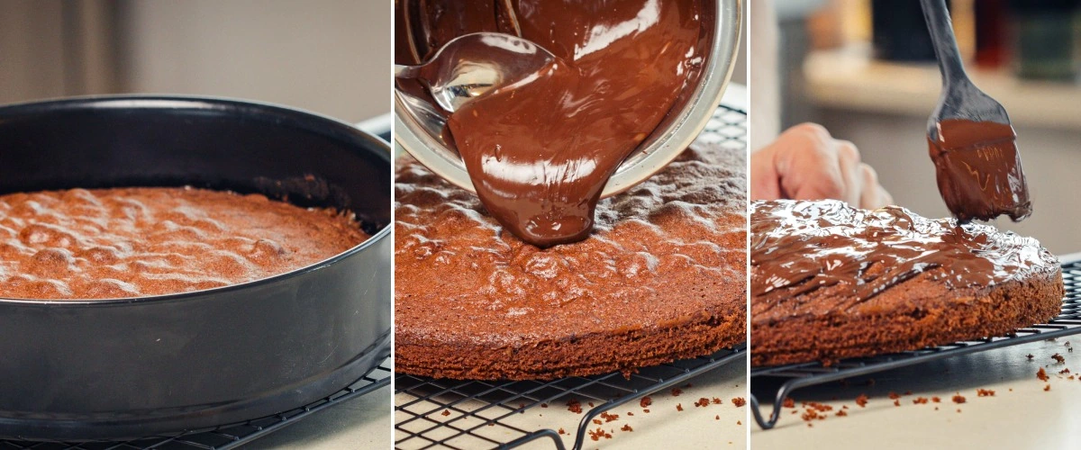 Verser du chocolat noir fondu sur un space cake refroidi et l’étaler uniformément, quatrième étape pour le finir