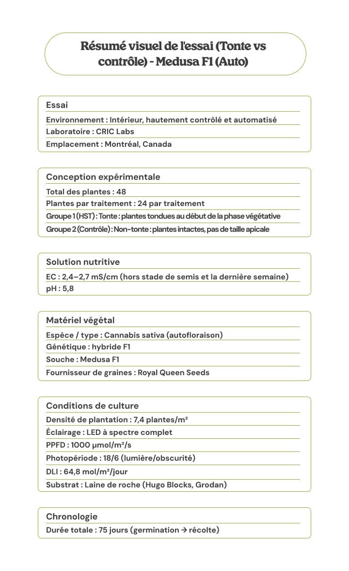 Essai Medusa F1 (Auto) : topping vs témoin – résumé visuel Résumé visuel de l’essai Medusa F1 (Auto) comparant topping vs témoin, avec protocole, matériel végétal, conditions de culture, solution nutritive et calendrier