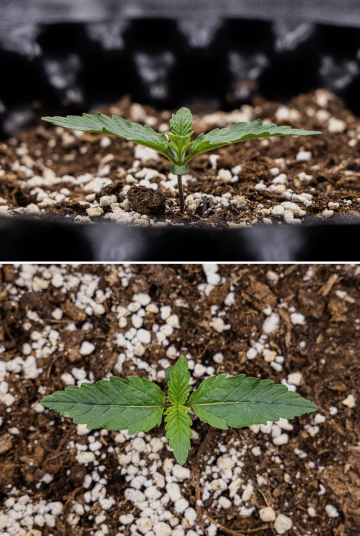 Plantule de cannabis GOAT'lato Auto en semaine 1 cultivée en BioBizz Light Mix sous LED, montrant les premières vraies feuilles et une croissance précoce vigoureuse