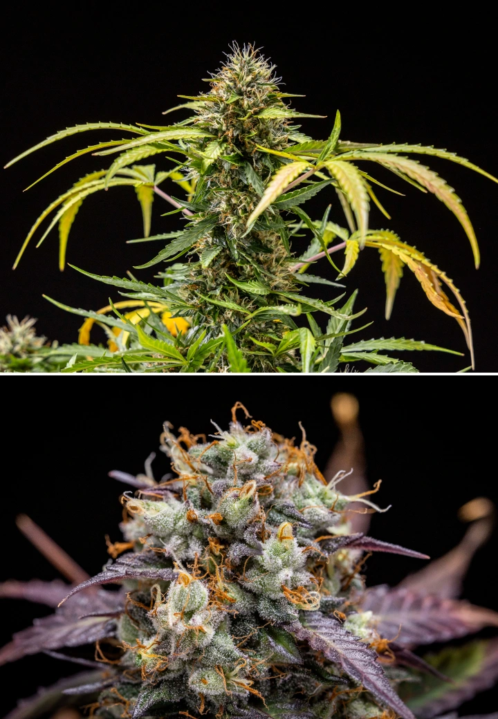 Rapport de culture North Thunderfuck – Semaines 9–10 : floraison finale et récolte Plant de cannabis North Thunderfuck pendant les semaines 9–10 de floraison, présentant des têtes pleinement développées, des pistils foncés, une forte couverture de résine et des signes indiquant qu'il est prêt pour la récolte sous une lampe LED